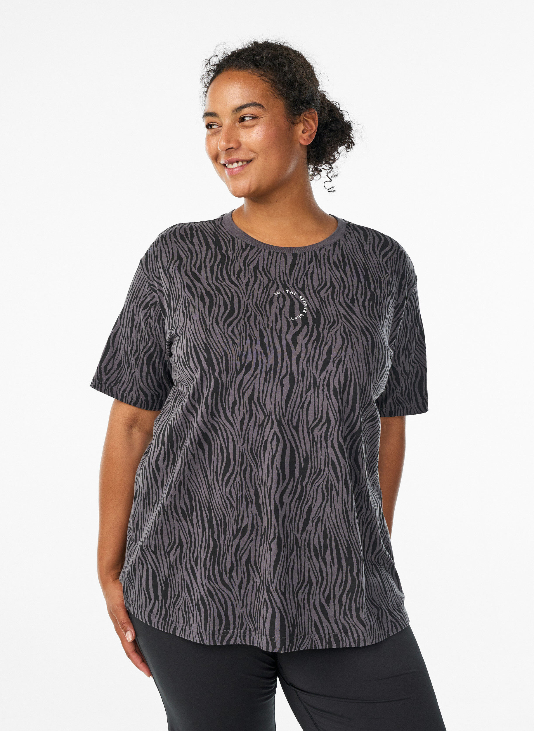 Zebra print organic cotton sports tee, Dark Grey, Model