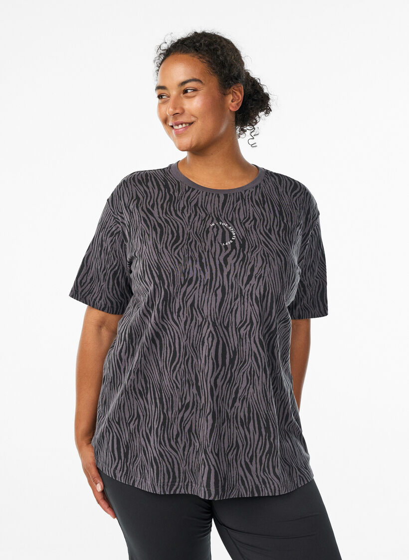 Zebra print organic cotton sports tee, Dark Grey, Model image number 0