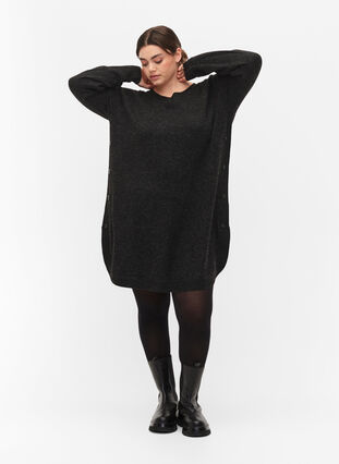 Melange knit dress with buttons, Dark Grey Melange, Model image number 2