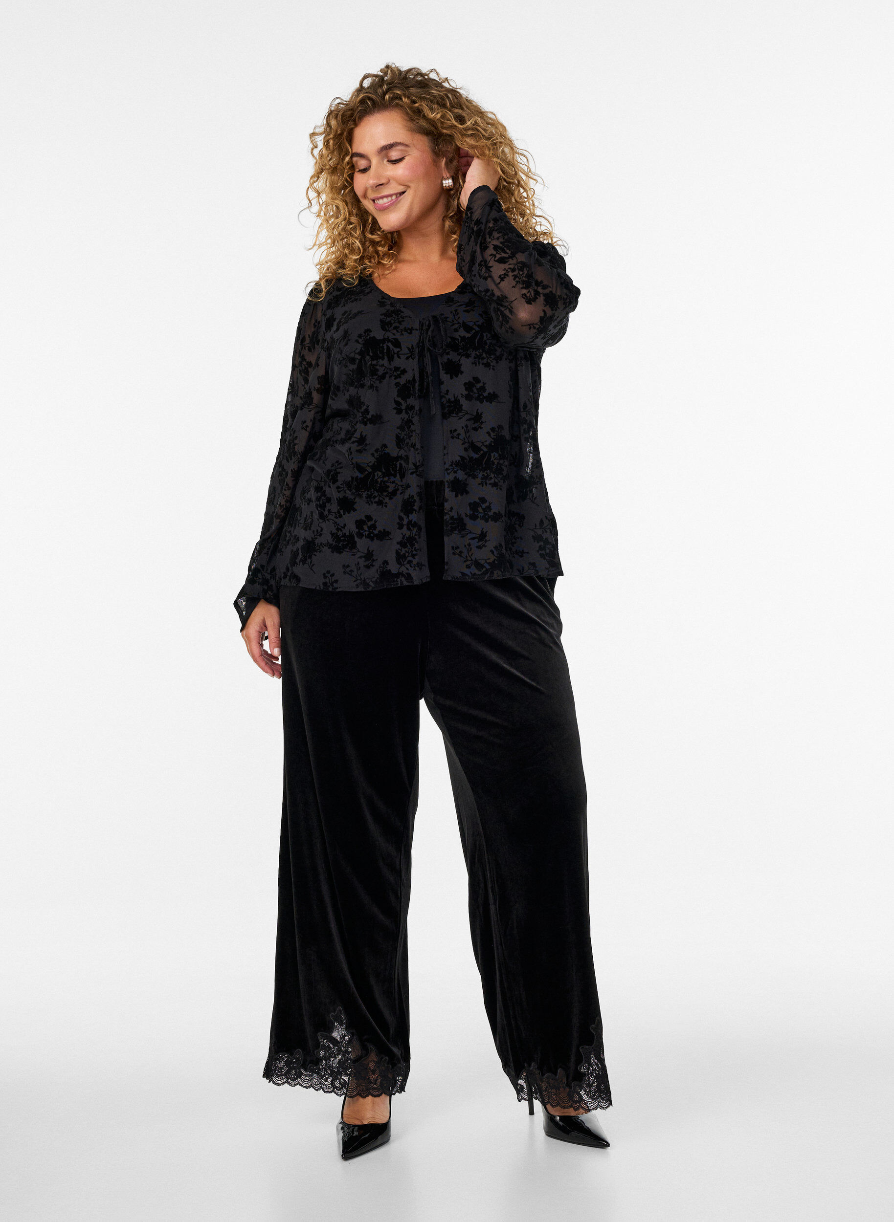 ZizzifashionMesh blouse with floral pattern and open front, Black, Model image number 1