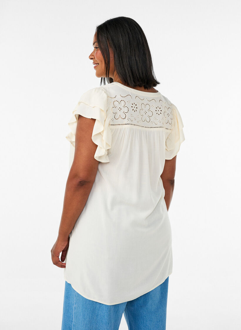 Tunic with broderie anglaise and ruffle sleeves, Beige, Model image number 2