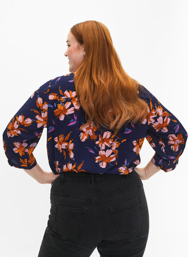 Floral blouse with 3/4 sleeves, Peacoat Flower AOP, Model image number 1