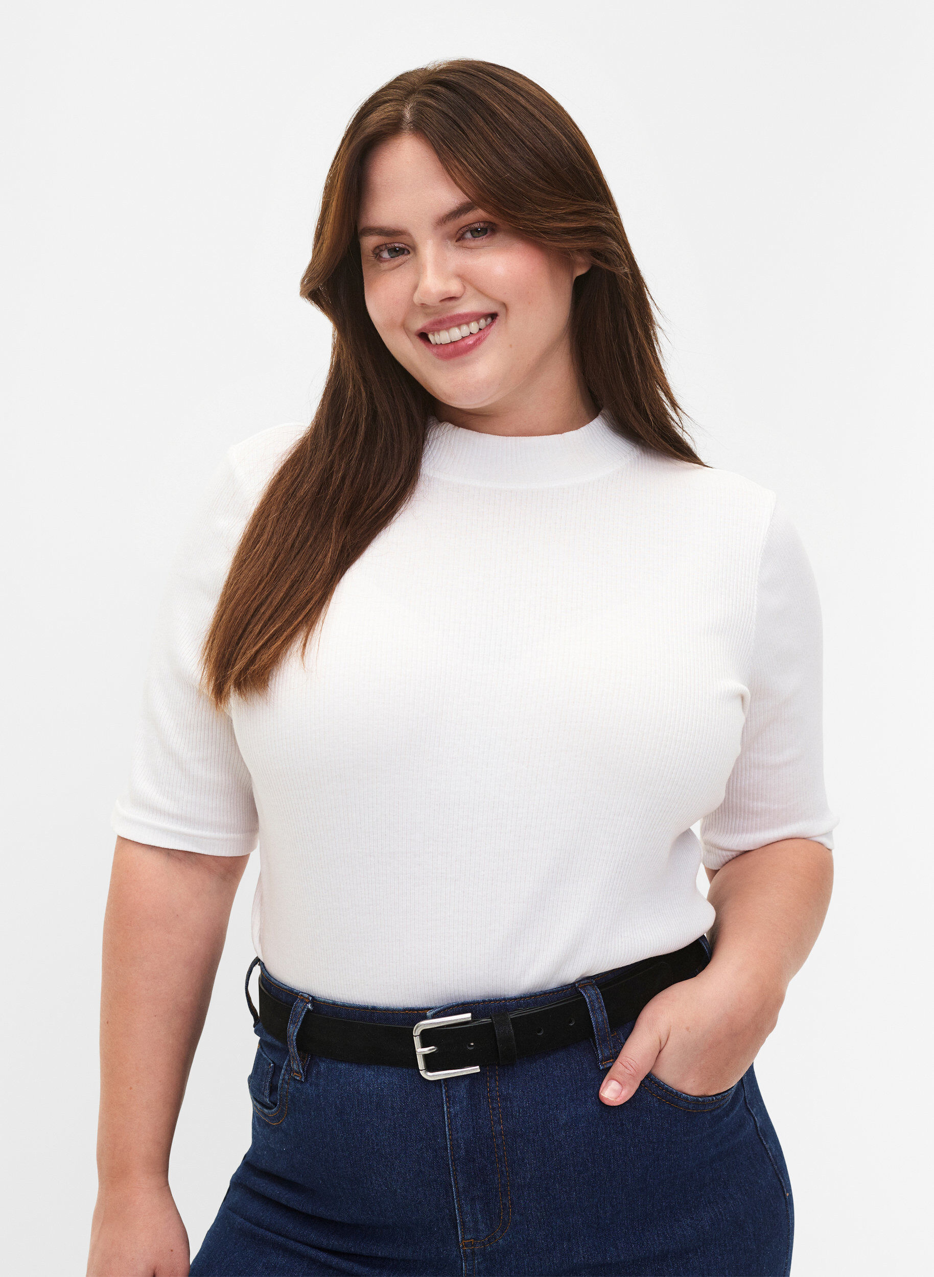 Leather mix belt, Black, Model