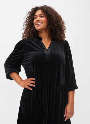 Velvet dress with ruffle collar and 3/4 sleeves, Black, Model image number 2