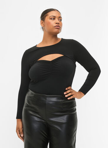 Cut-out blouse with long sleeves, Black, Model image number 0