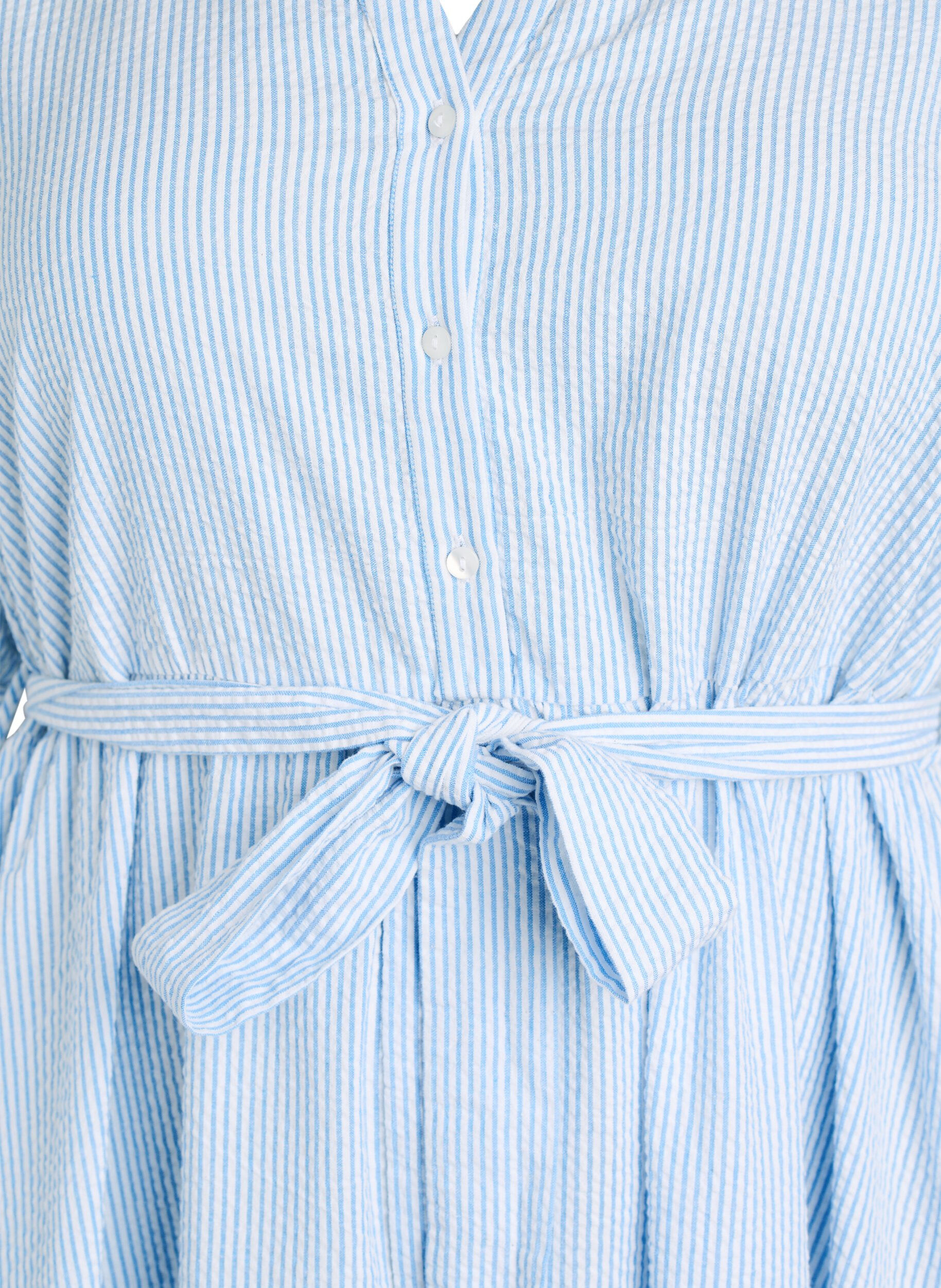 ZizzifashionStriped midi dress in cotton with a tie-belt, White, Packshot image number 2