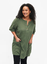 3/4 sleeve cotton blend tunic with linen, Thyme, Model