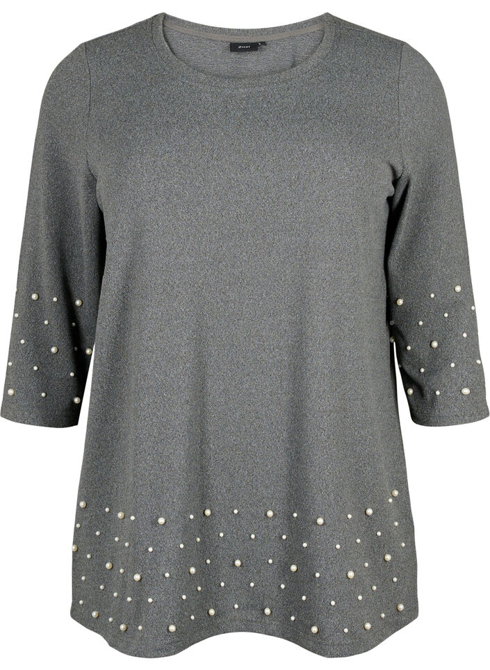Blouse with pearls and 3/4 sleeves, Dark Grey Melange, Packshot image number 0