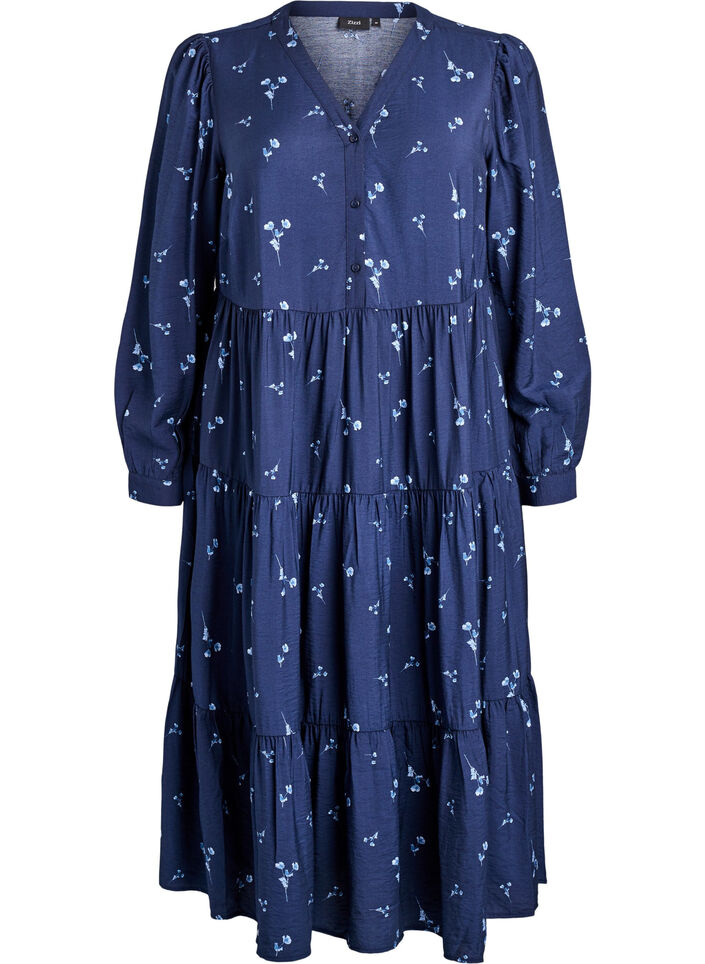 Midi dress with v-neck and A-line shape, Blue, Packshot image number 0