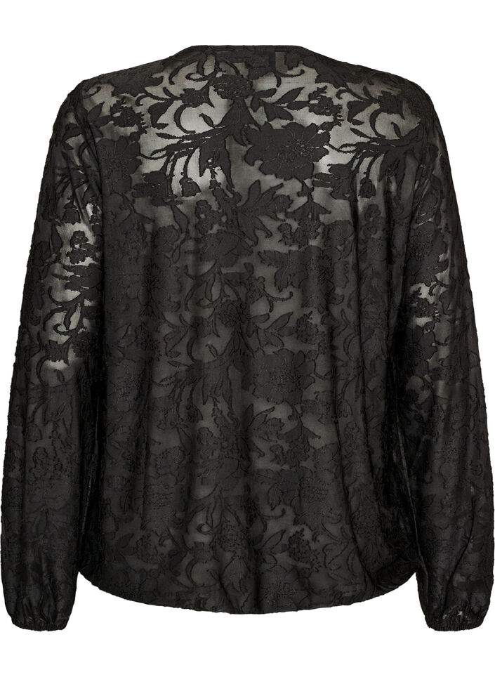 Sheer blouse with floral texture and long sleeves, Black, Packshot image number 1