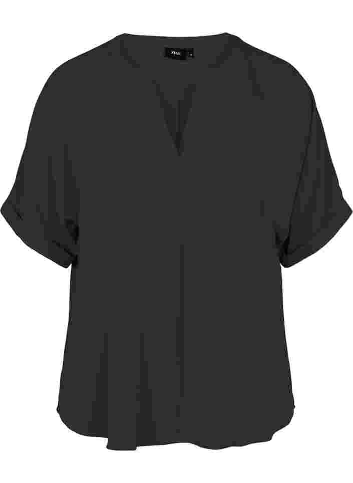 Short-sleeved v-neck blouse, Black, Packshot image number 0