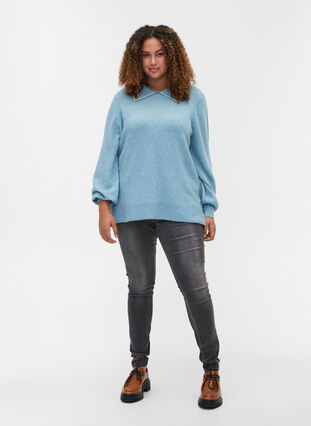 Knitted blouse with wide collar and beads, Forget Me Not , Model image number 1