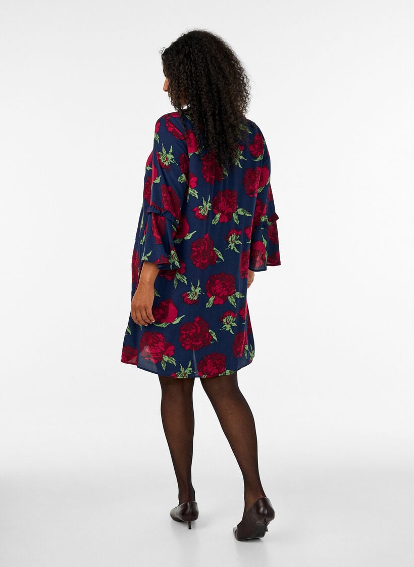 Floral dress in viscose with ruffles, Blue, Model image number 2