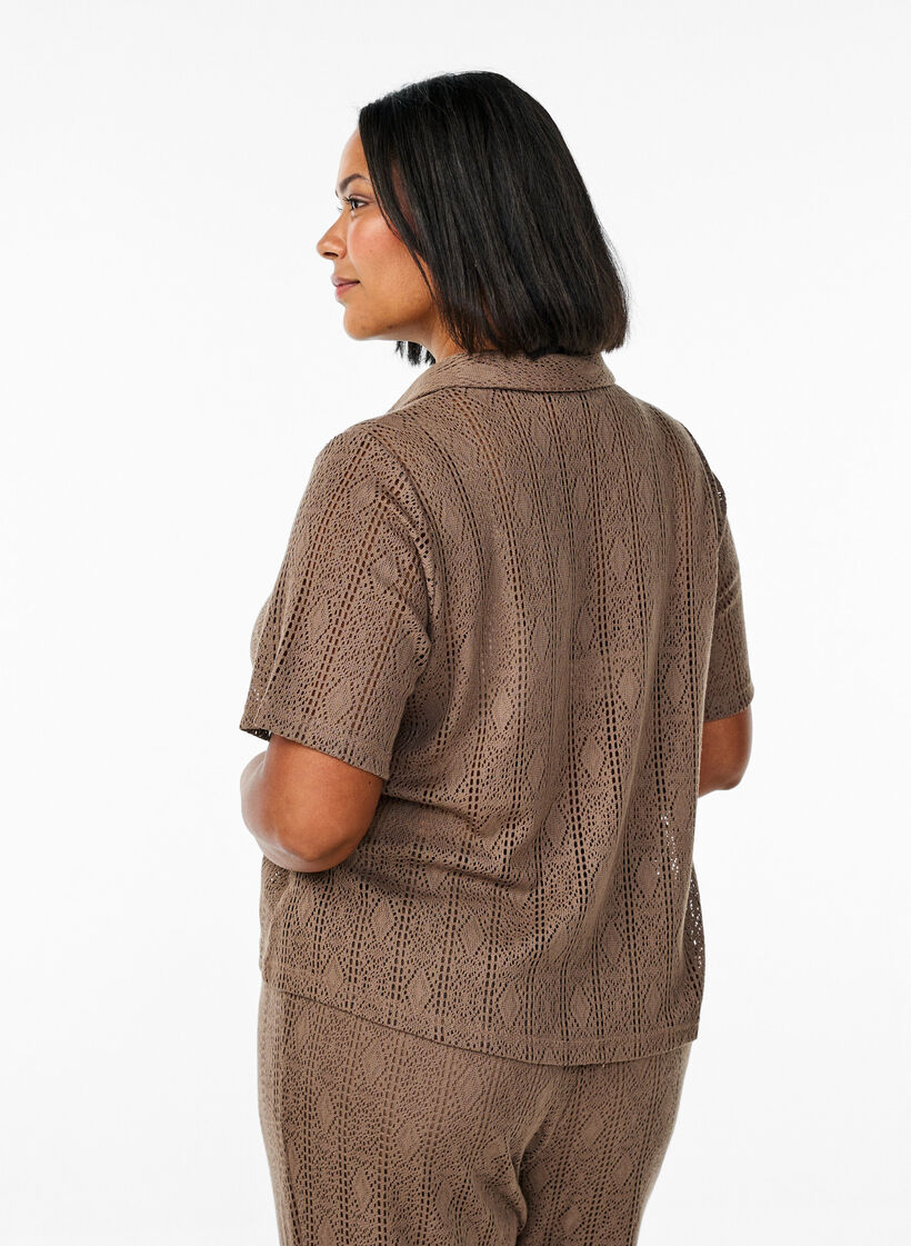 Short-sleeved shirt with openwork pattern, Brown, Model image number 2