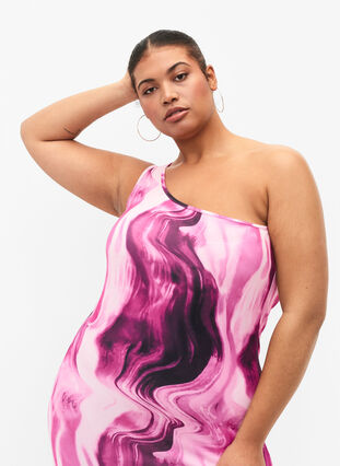 Tight-fitting one-shoulder dress with print, Raspberry Rose AOP, Model image number 2