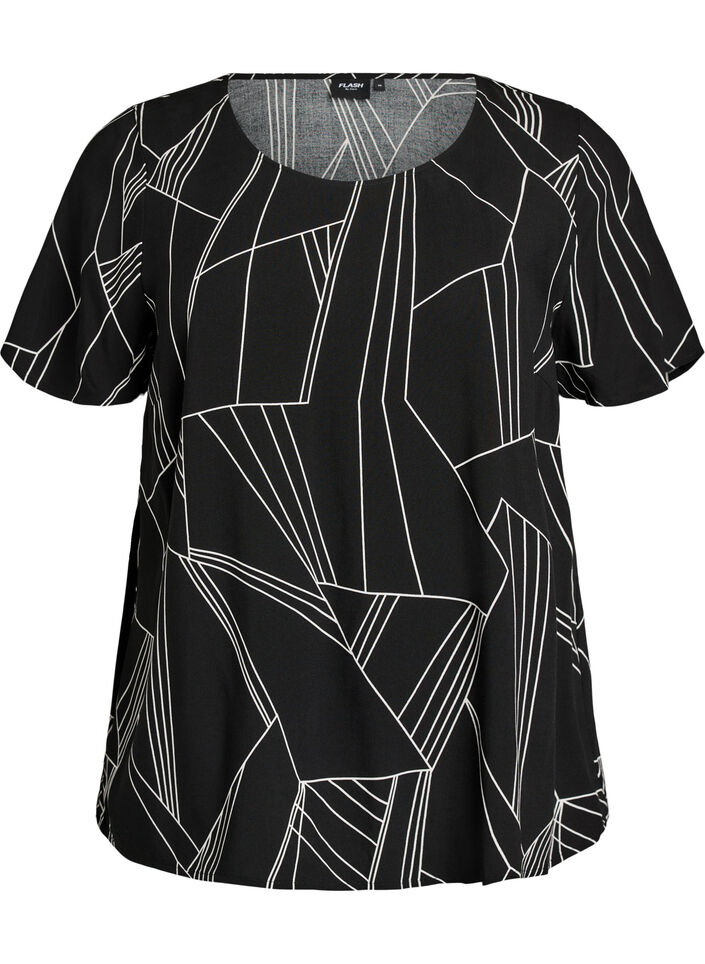 Short sleeve viscose blouse with print, Black, Packshot image number 0