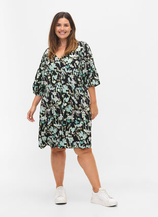 Dress with buttons and 3/4 sleeves, Black Green AOP, Model image number 2
