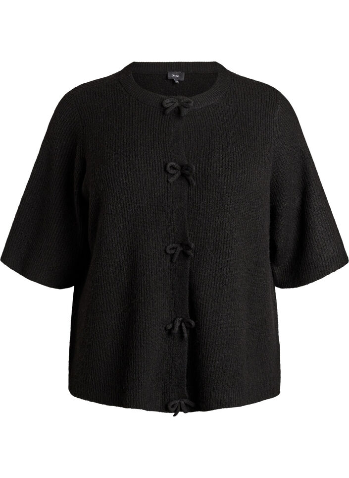 Short-sleeved knit cardigan with bows, Black, Packshot image number 0