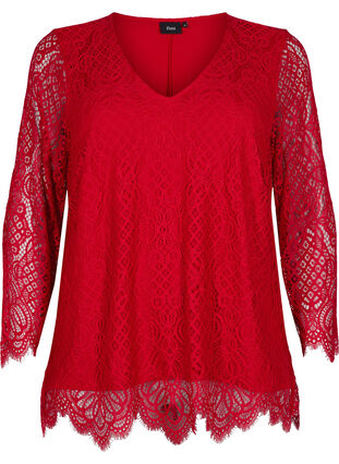 Long-sleeved lace blouse with v-neck, Tango Red, Packshot image number 0