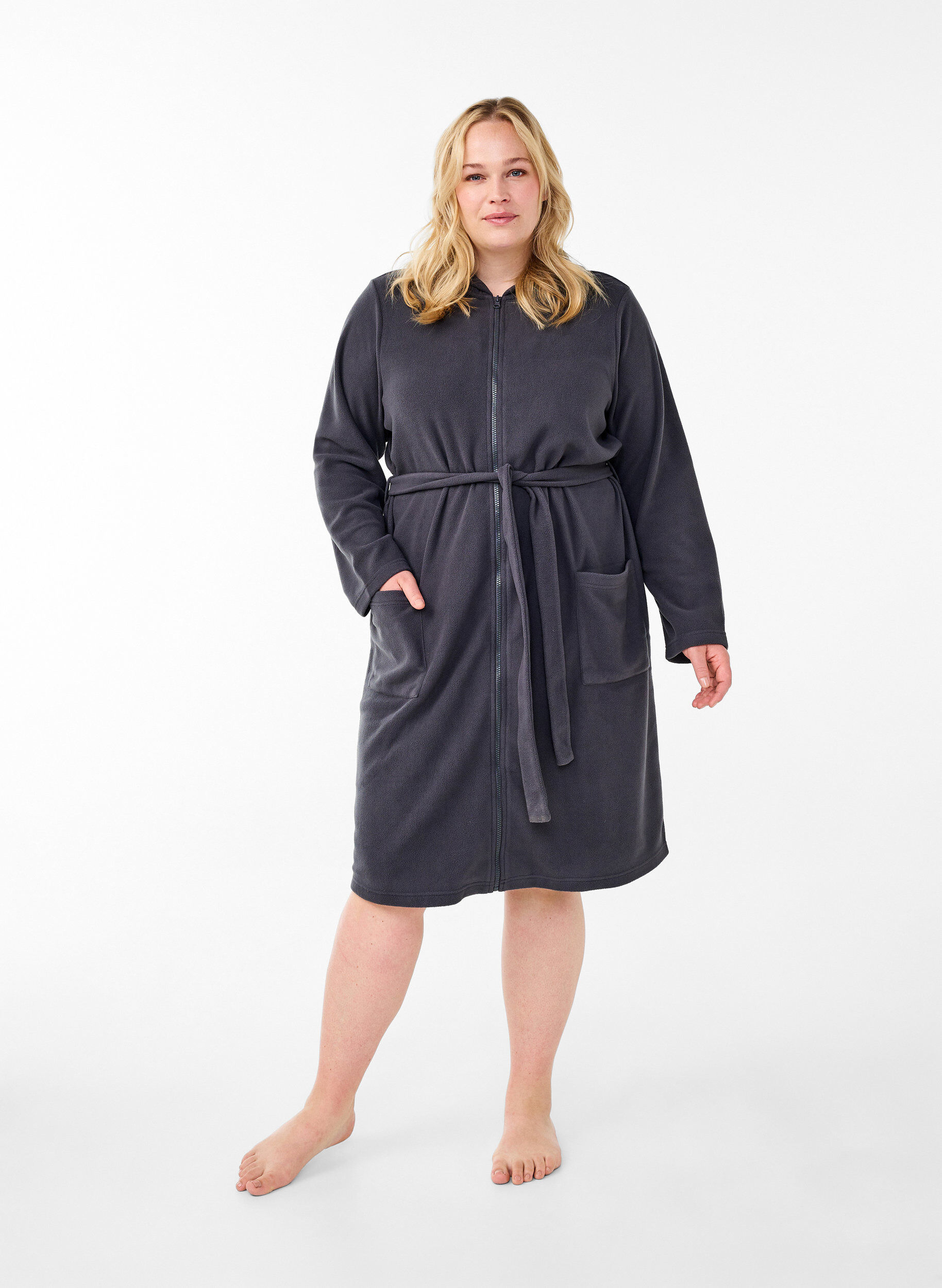 Zizzifashion Morning robe with zipper and hood, Dark Grey, Model image number 1