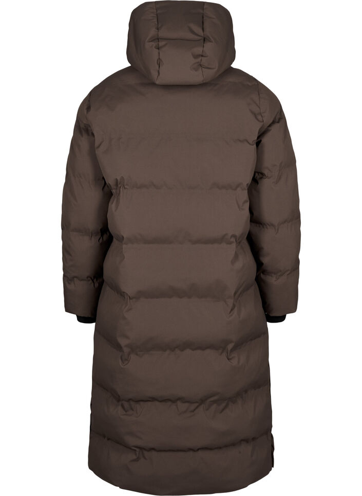 Long puffer winter coat with hood, Brown, Packshot image number 1