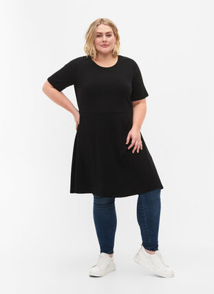 Solid cotton dress with short sleeves, Black, Model image number 2