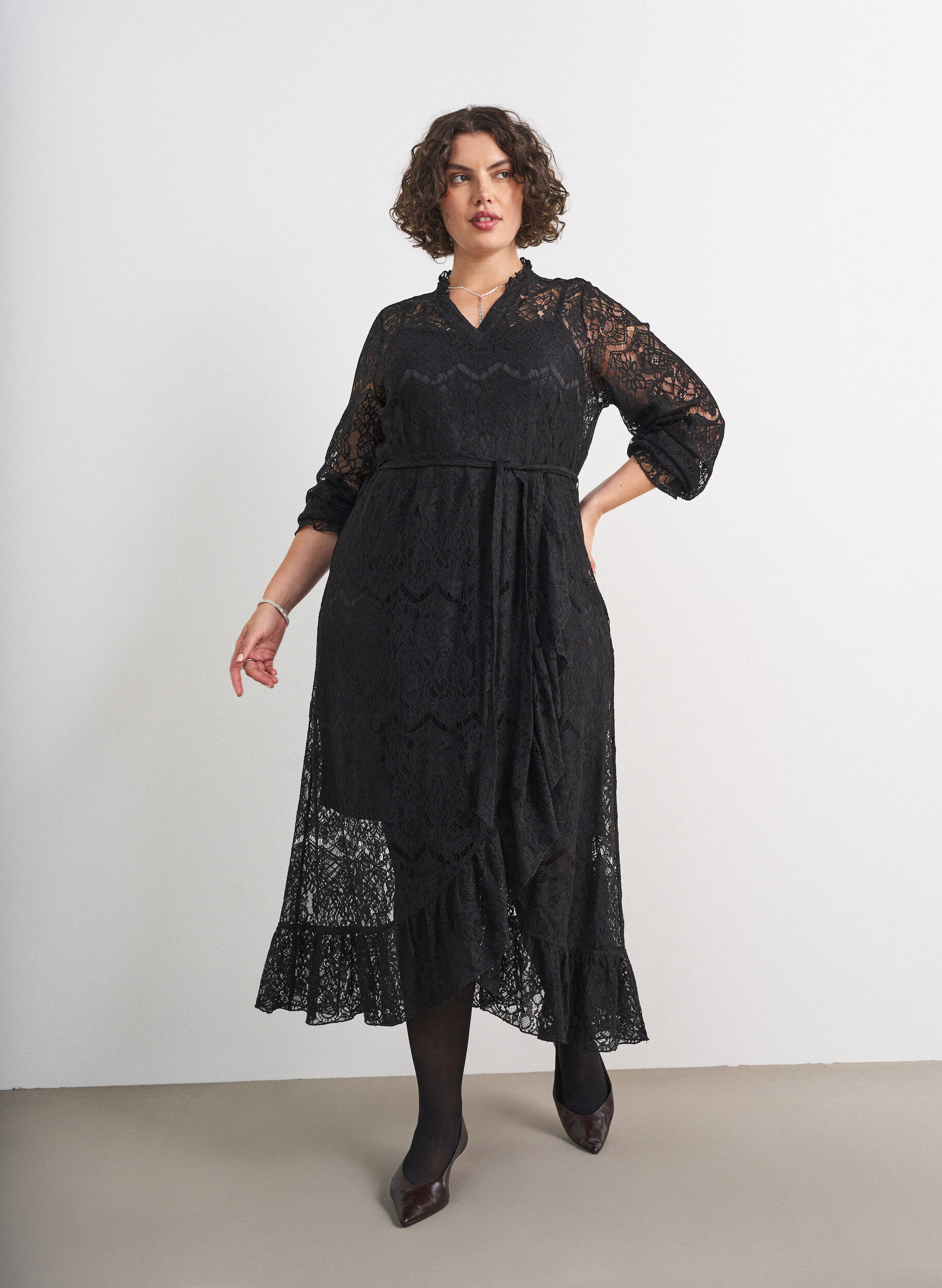 ZizzifashionLace dress with wrap skirt and ruffles, Black, Model image number 0