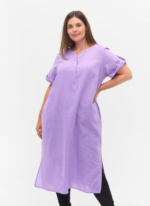 Long short-sleeved shirt dress, Bougainvillea, Model image number 0