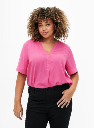 Short-sleeved blouse with v-neckline, Raspberry Sorbet, Model image number 0