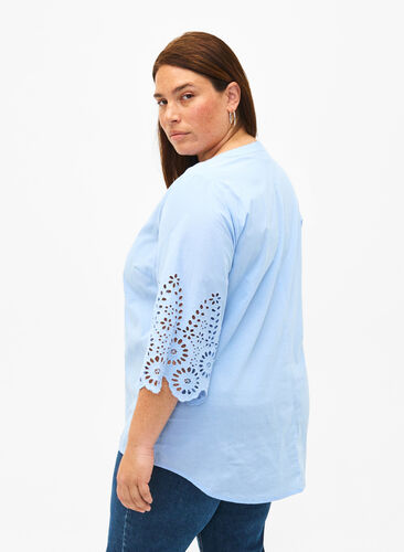 Shirt blouse with broderie anglaise and 3/4 sleeves, Serenity, Model image number 1
