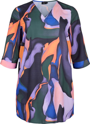 Printed tunic with 3/4 sleeves and v neck, Big Scale Print, Packshot image number 0