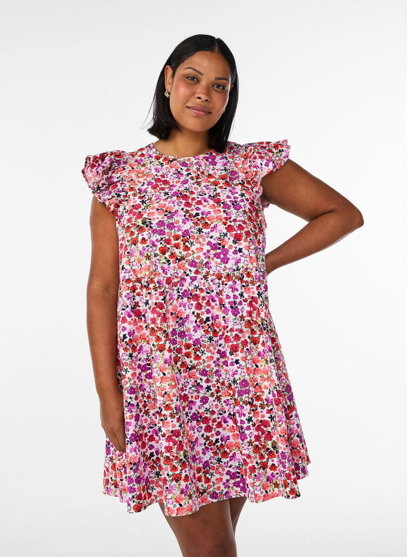 Floral cotton dress with ruffles and V-neck, Pink, Model image number 0