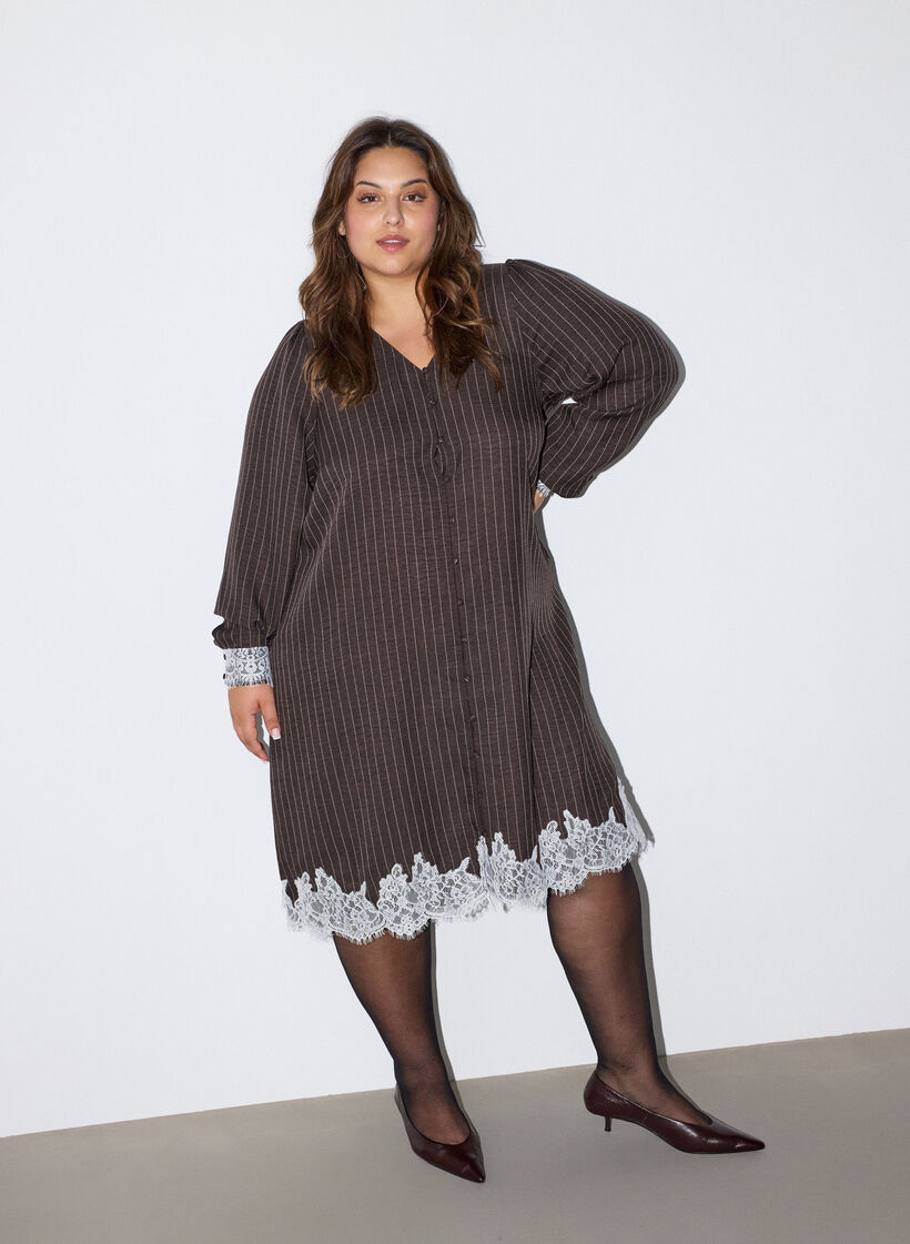Knee-length dress with pinstripes and lace trim, Brown, Model image number 1