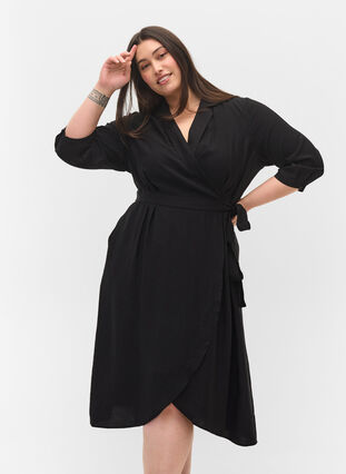 Viscose wrap dress with 3/4 sleeves, Black, Model image number 0