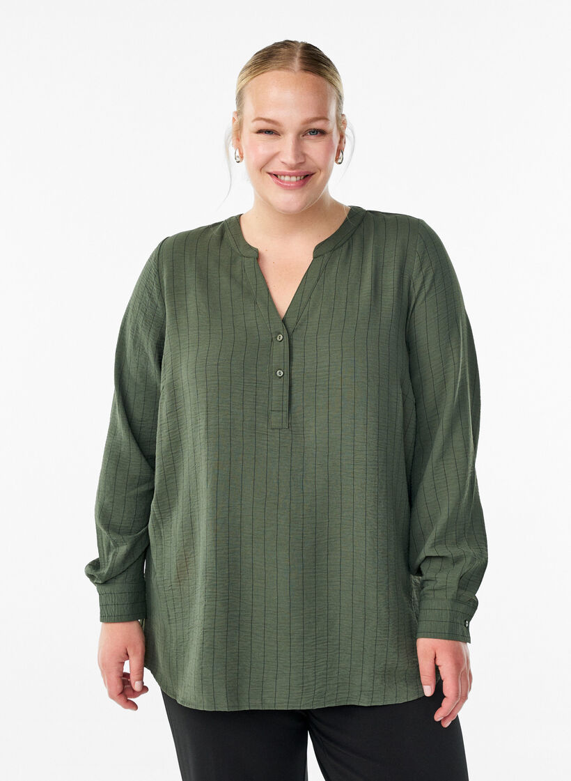 Pinstripe shirt blouse, Green, Model image number 0