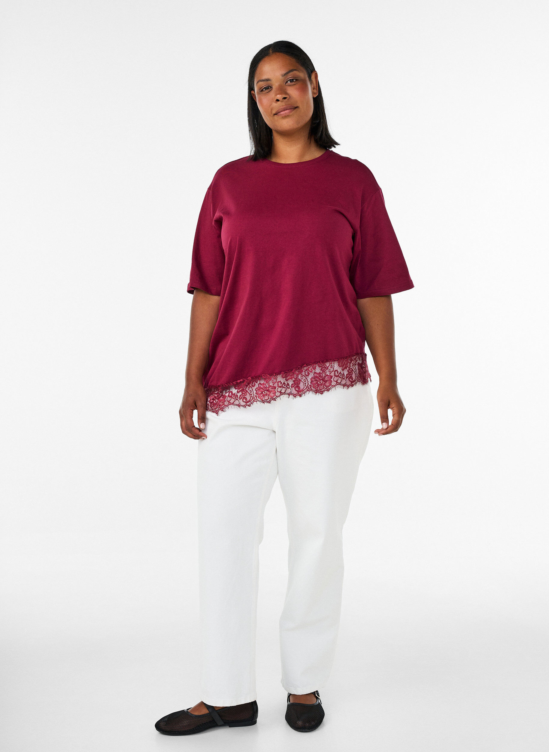 ZizzifashionT-shirt with asymmetric lace hem, Red, Model image number 1