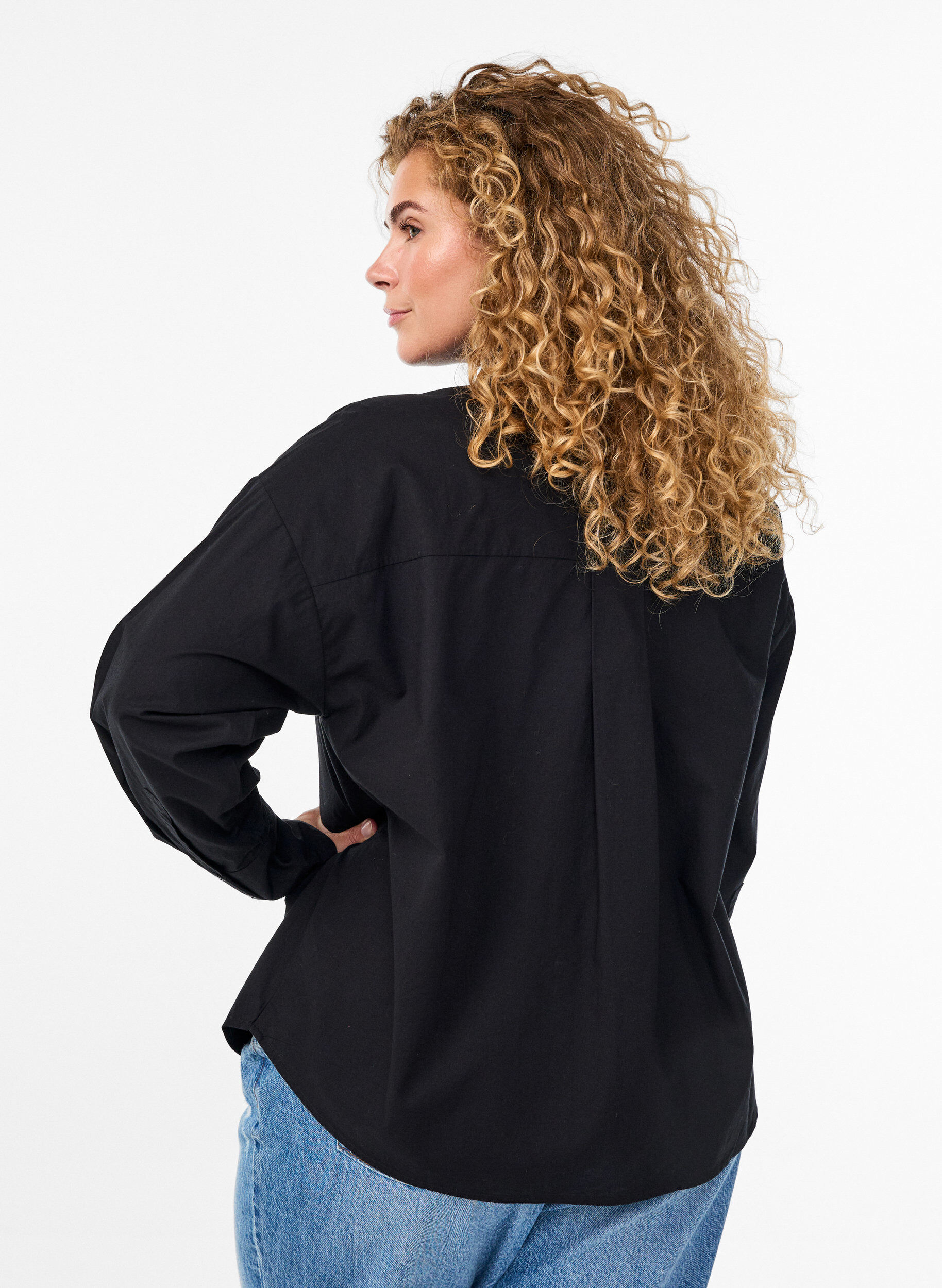 Zizzifashion Cotton shirt with tone-on-tone floral embroidery, Black, Model image number 2