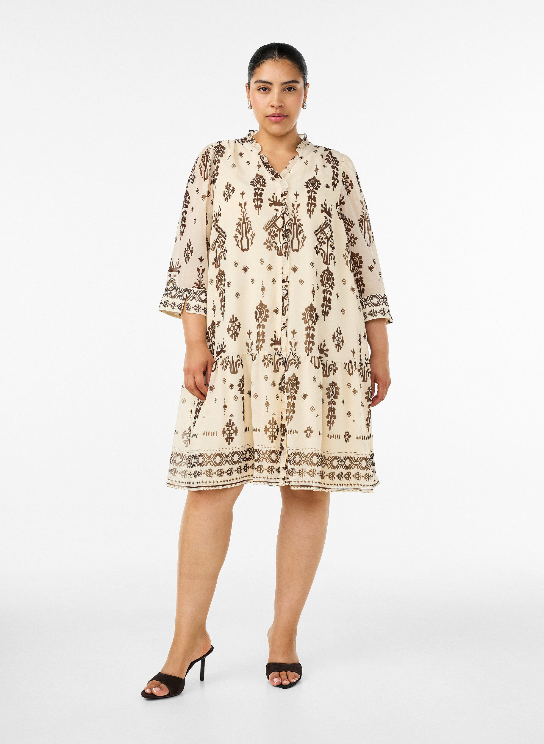 ZizzifashionDress with ornament print and ruffle collar, Beige, Model image number 1