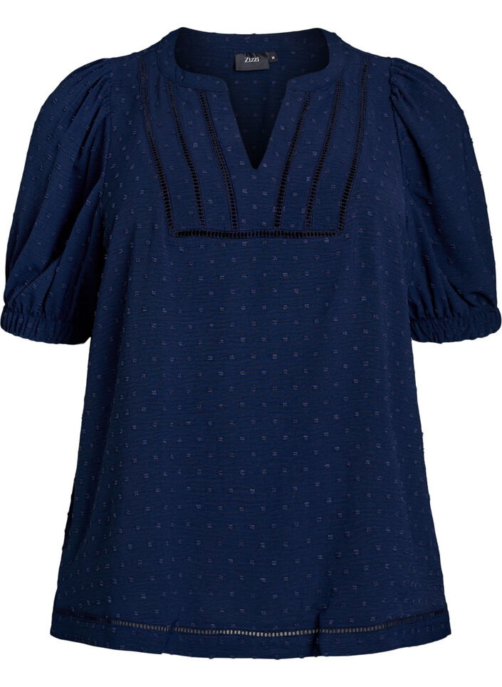 Blouse with short puff sleeves and dotted texture, Navy Blazer, Packshot image number 0