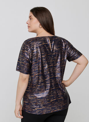 Short-sleeved blouse with sequins, Blue Brown Sequins , Model image number 1