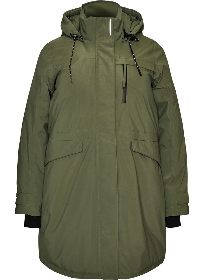 Water-repellent parka with a hood and functional details, Green, Packshot image number 0