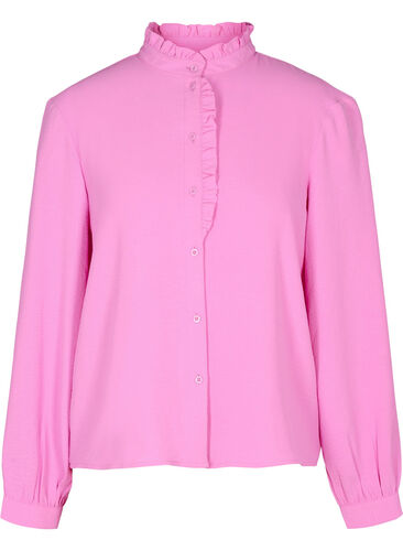 Long-sleeved shirt blouse with frill details, Cyclamen, Packshot image number 0