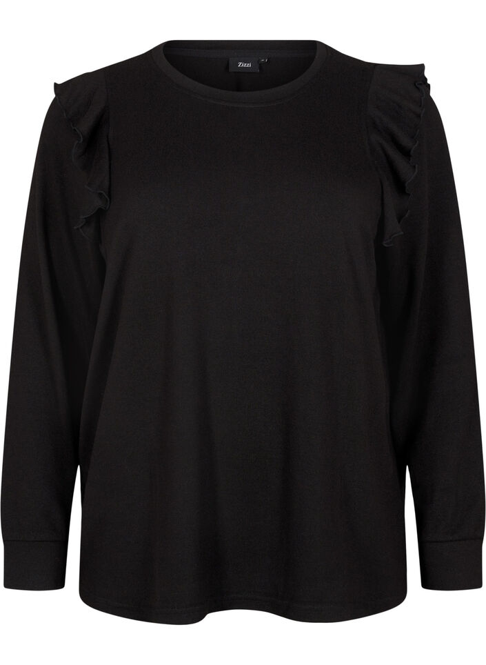 Long-sleeved blouse with ruffle details, Black, Packshot image number 0
