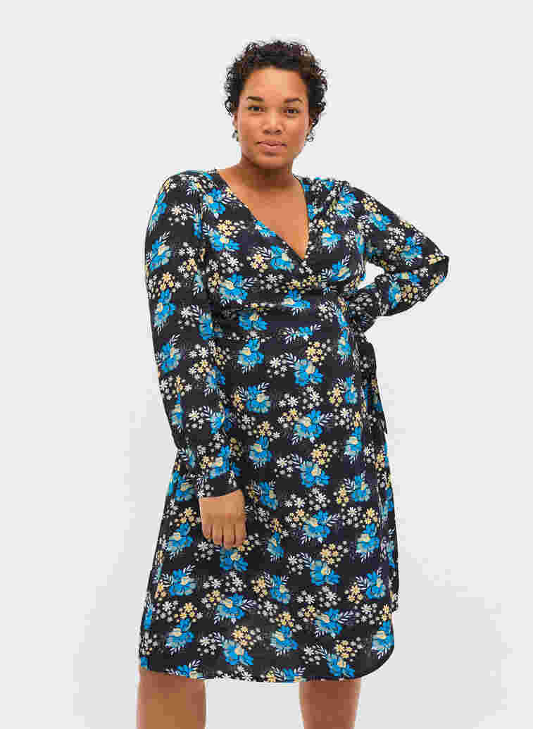 Floral maternity wrap dress in viscose, Blue Flower AOP, Model image number 0