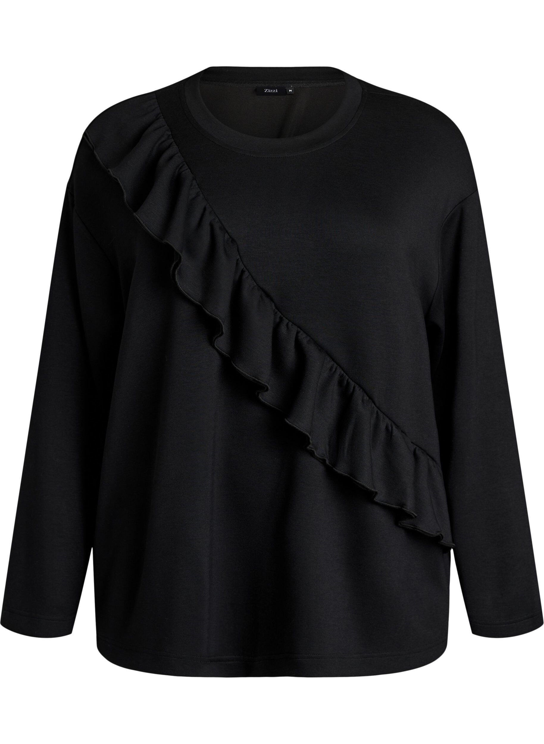 ZizzifashionJersey blouse with a diagonal ruffle detail, Black, Packshot image number 0