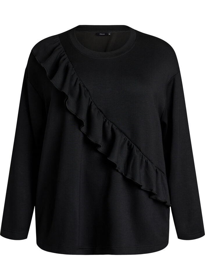 Jersey blouse with a diagonal ruffle detail, Black, Packshot image number 0