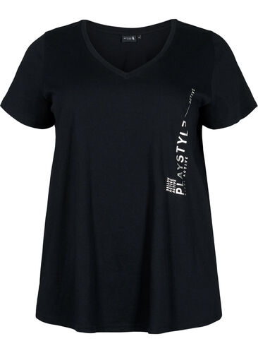 Cotton exercise t-shirt with print, Black w. Playstyle, Packshot image number 0