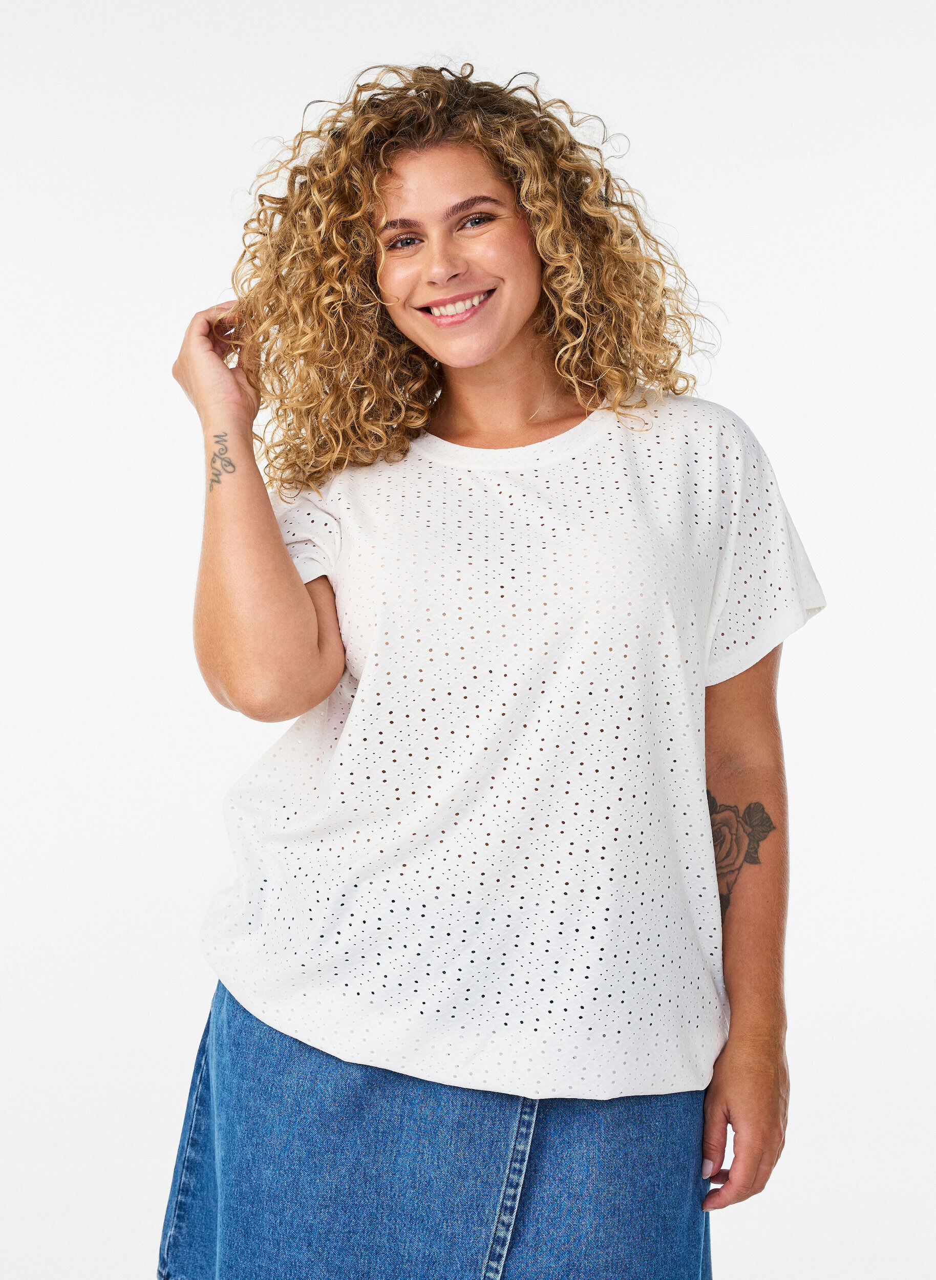 ZizzifashionBlouse with eyelet embroidery and balloon-effect, White, Model image number 0
