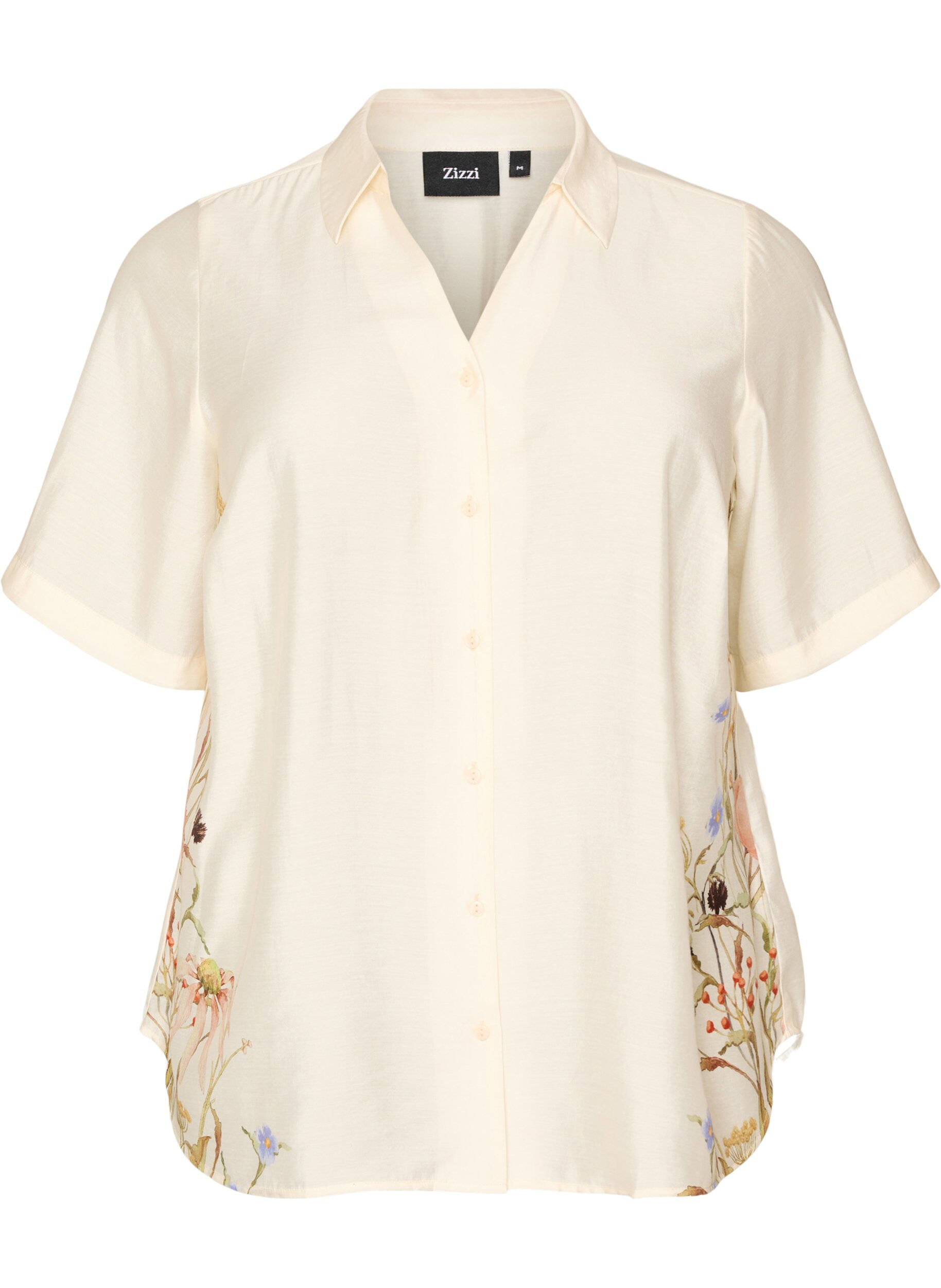 Shirt blouse with elbow-length sleeves and floral details