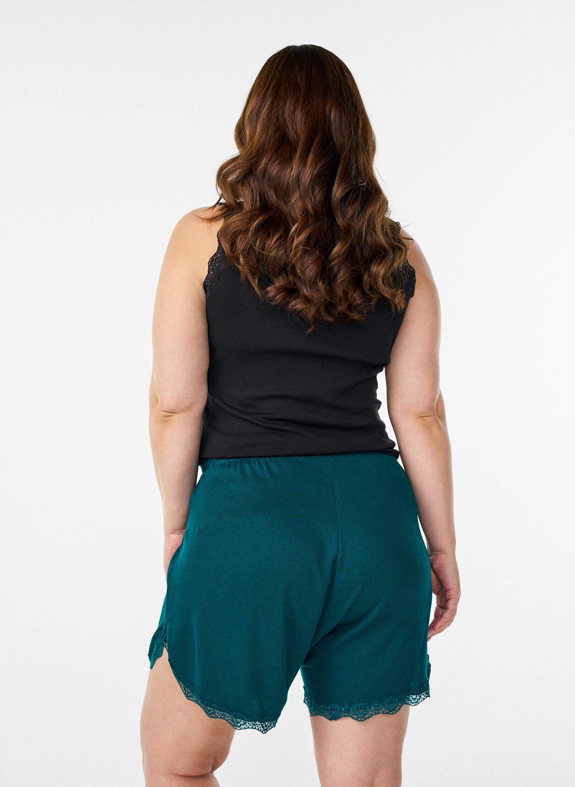 ZizzifashionLoose night shorts with ribbed texture and lace trim, Green, Model image number 2